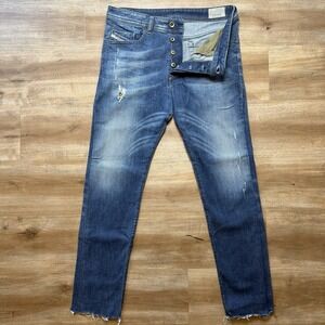 Diesel Buster Jeans Men 32x30 Blue Slim Tapered Stretch Fade Thrashed Punk 0833F